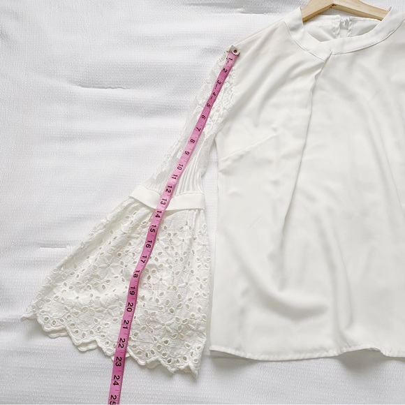 White Pleated Front Flared Eyelet Lace Sleeve Blouse - Picture 5 of 8